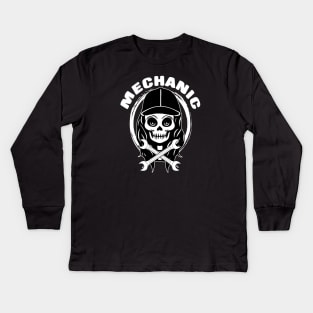 Female Mechanic Skull and Spanners White Logo Kids Long Sleeve T-Shirt